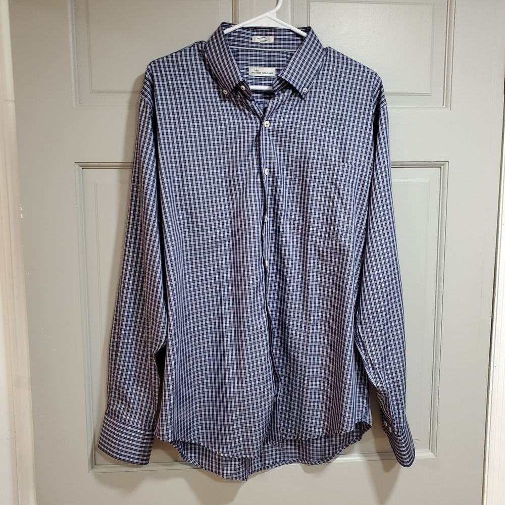 Peter Millar Shirt Mens Large Blue Button Up Plaid Check Long Sleeve Office